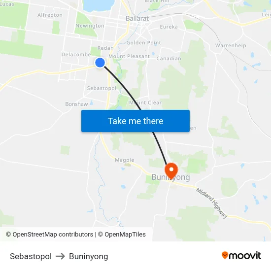 Sebastopol to Buninyong map
