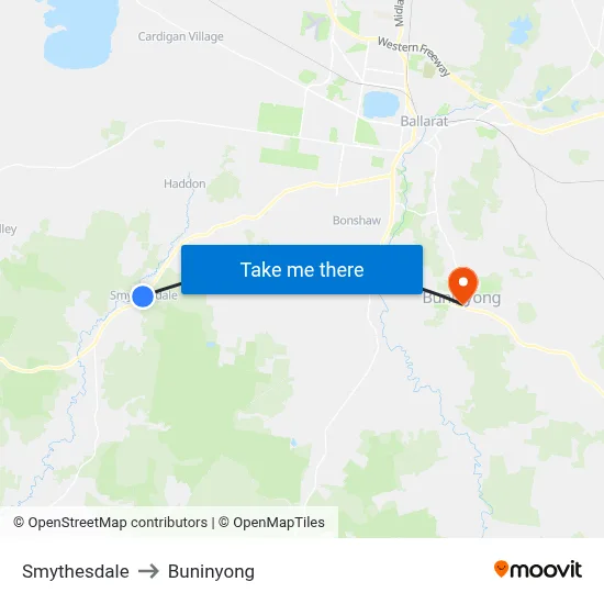Smythesdale to Buninyong map