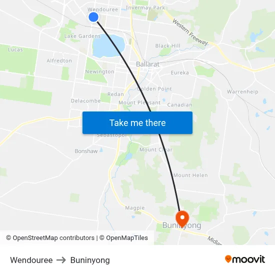 Wendouree to Buninyong map