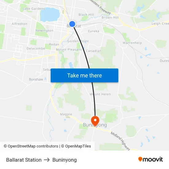 Ballarat Station to Buninyong map