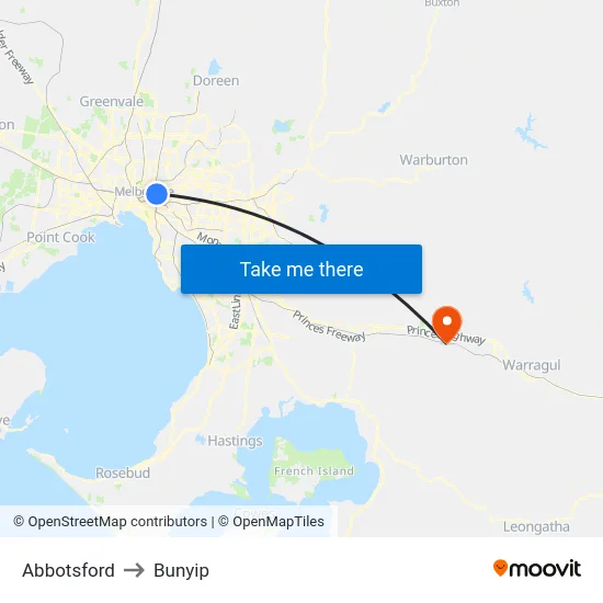 Abbotsford to Bunyip map