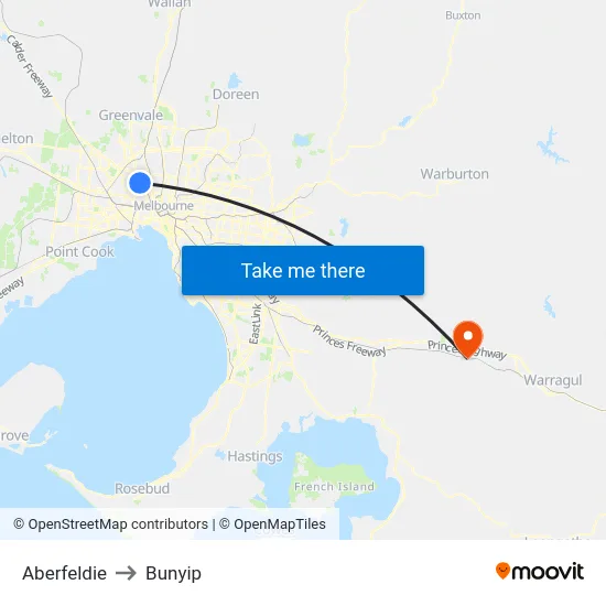 Aberfeldie to Bunyip map