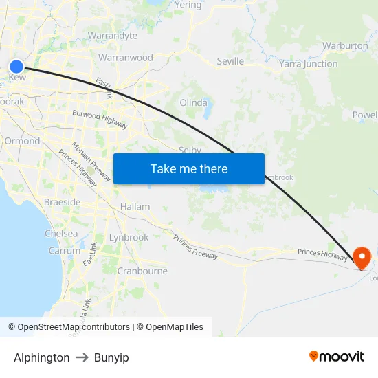 Alphington to Bunyip map