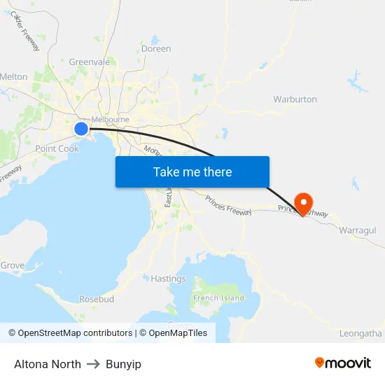 Altona North to Bunyip map