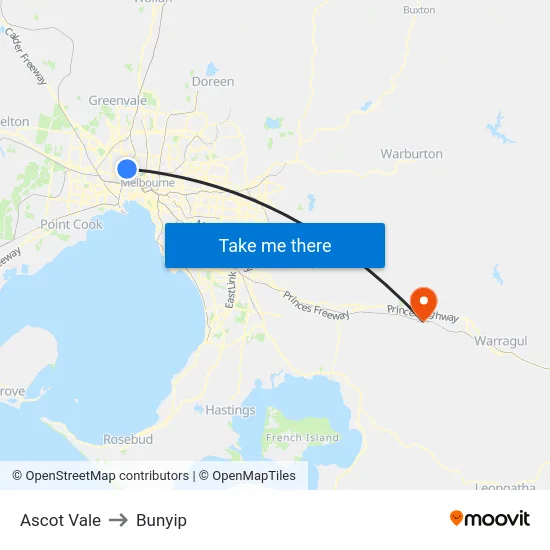 Ascot Vale to Bunyip map