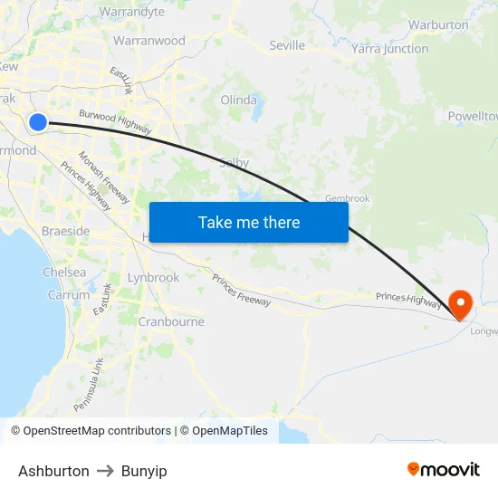 Ashburton to Bunyip map