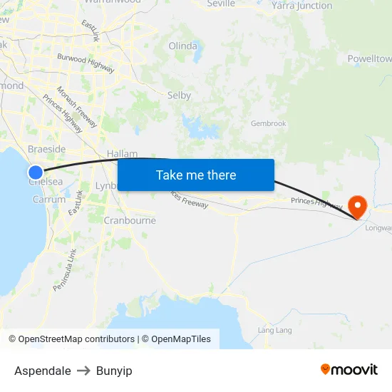 Aspendale to Bunyip map
