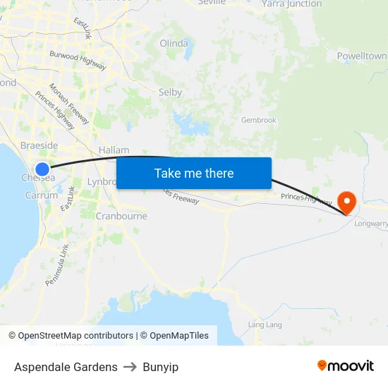 Aspendale Gardens to Bunyip map