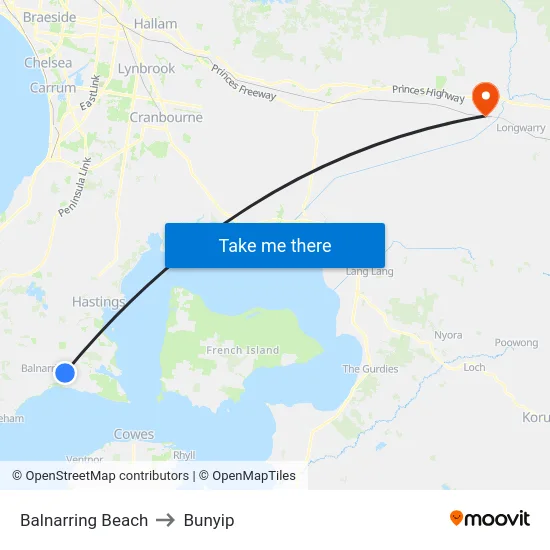 Balnarring Beach to Bunyip map