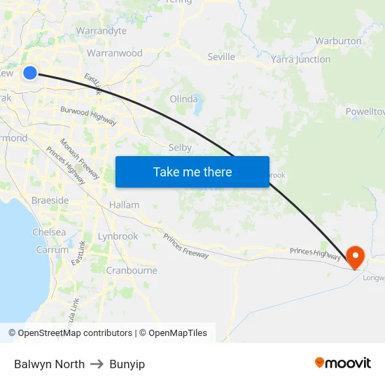 Balwyn North to Bunyip map