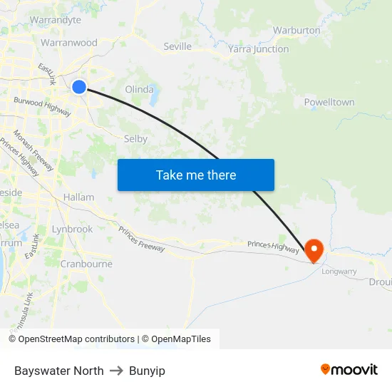 Bayswater North to Bunyip map