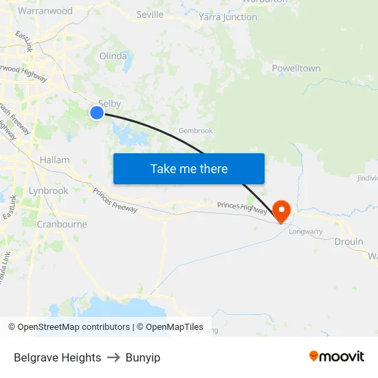 Belgrave Heights to Bunyip map