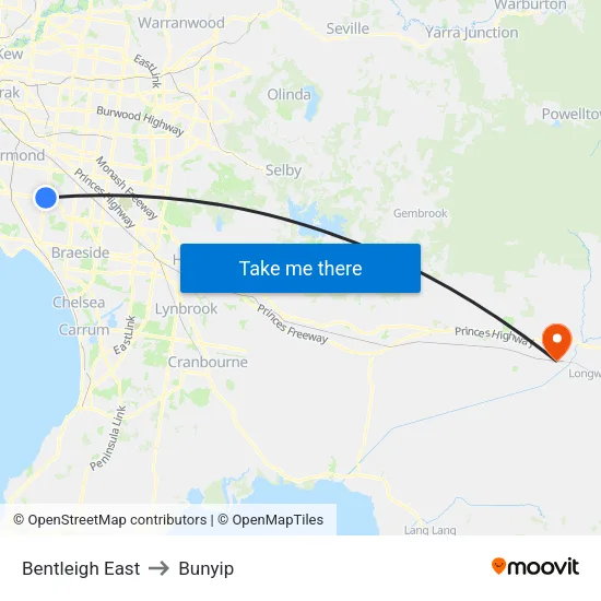 Bentleigh East to Bunyip map