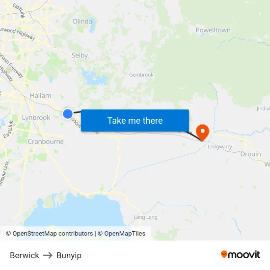 Berwick to Bunyip map
