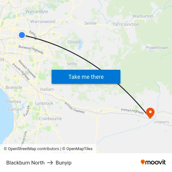 Blackburn North to Bunyip map