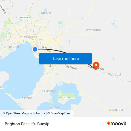 Brighton East to Bunyip map