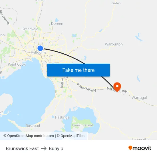 Brunswick East to Bunyip map