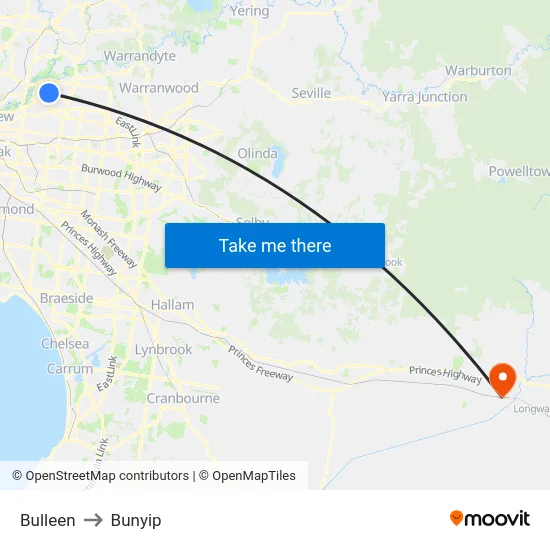 Bulleen to Bunyip map