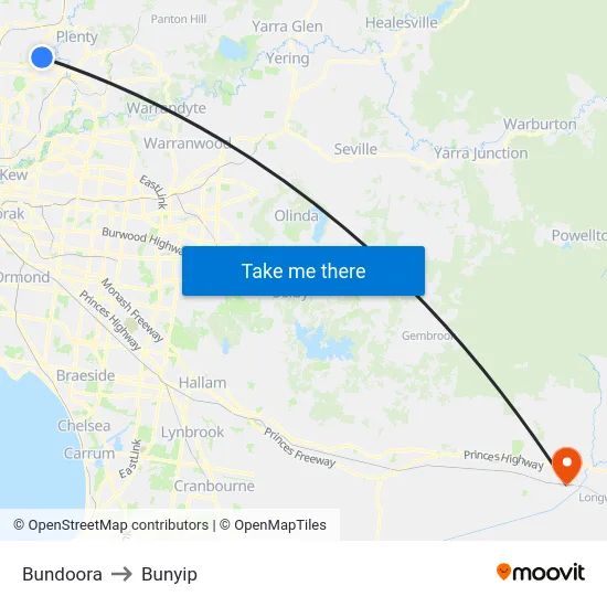 Bundoora to Bunyip map