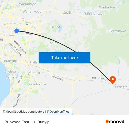 Burwood East to Bunyip map