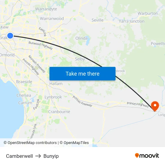 Camberwell to Bunyip map