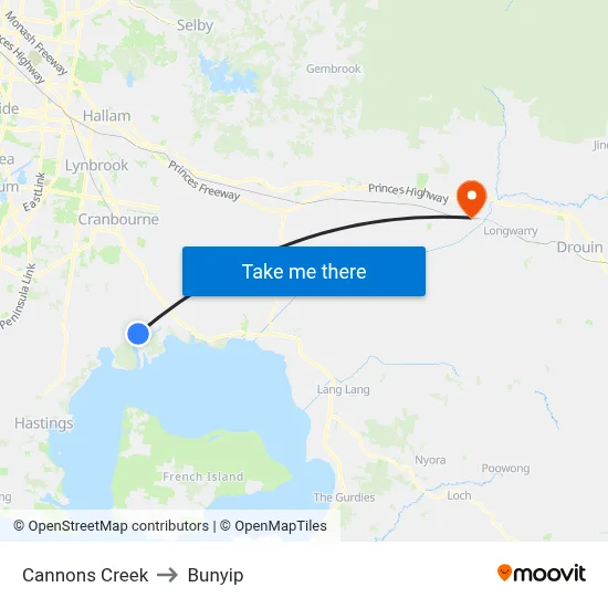 Cannons Creek to Bunyip map