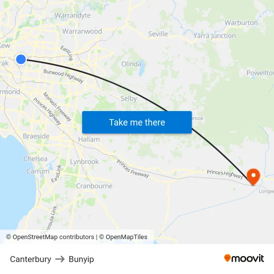 Canterbury to Bunyip map