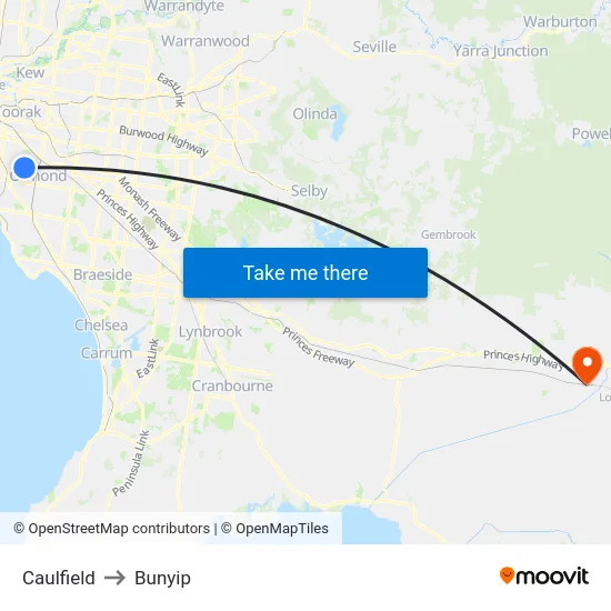 Caulfield to Bunyip map