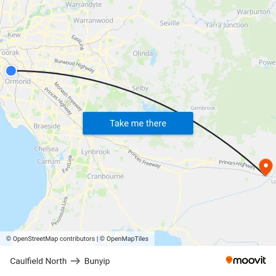 Caulfield North to Bunyip map