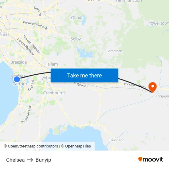 Chelsea to Bunyip map