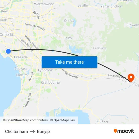 Cheltenham to Bunyip map