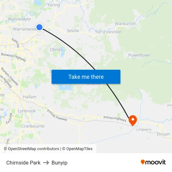 Chirnside Park to Bunyip map