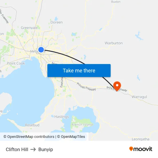 Clifton Hill to Bunyip map