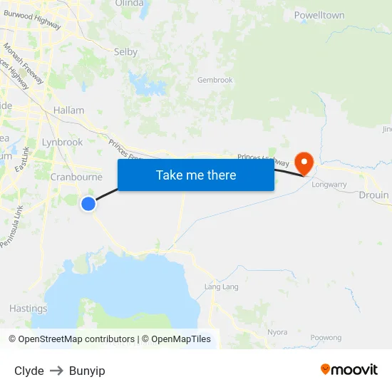 Clyde to Bunyip map