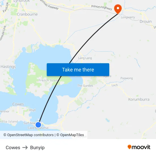 Cowes to Bunyip map
