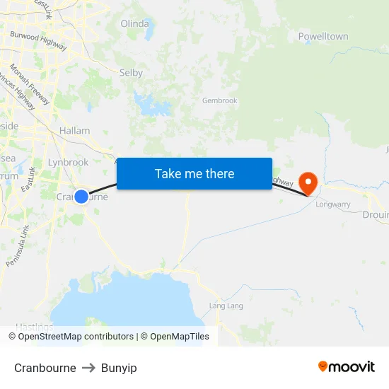 Cranbourne to Bunyip map