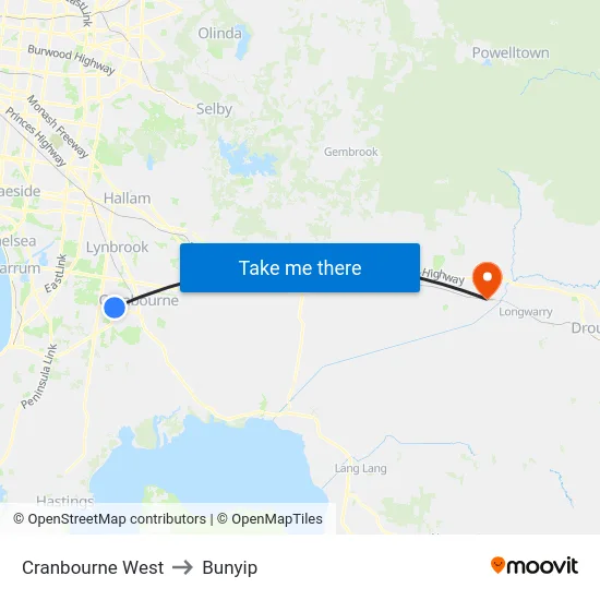 Cranbourne West to Bunyip map