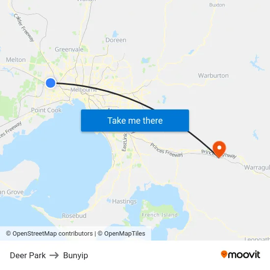 Deer Park to Bunyip map