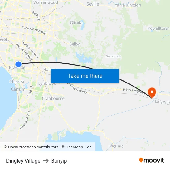 Dingley Village to Bunyip map