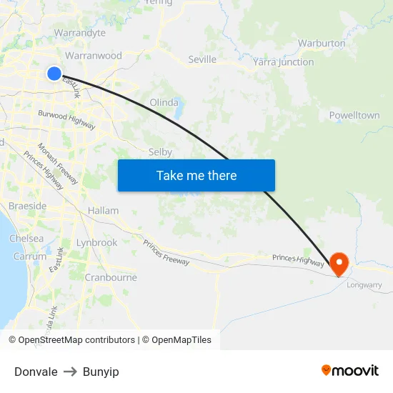 Donvale to Bunyip map