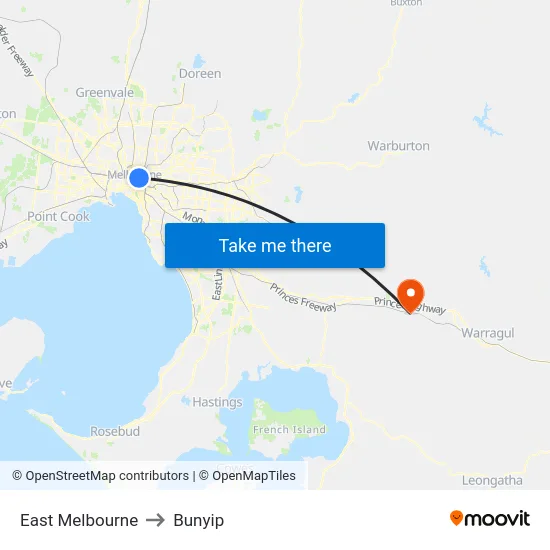 East Melbourne to Bunyip map