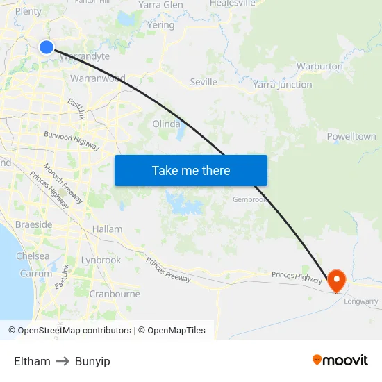 Eltham to Bunyip map
