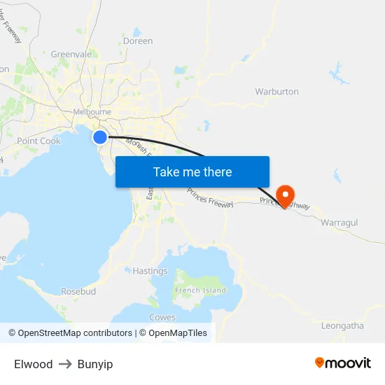 Elwood to Bunyip map