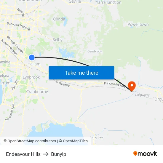 Endeavour Hills to Bunyip map