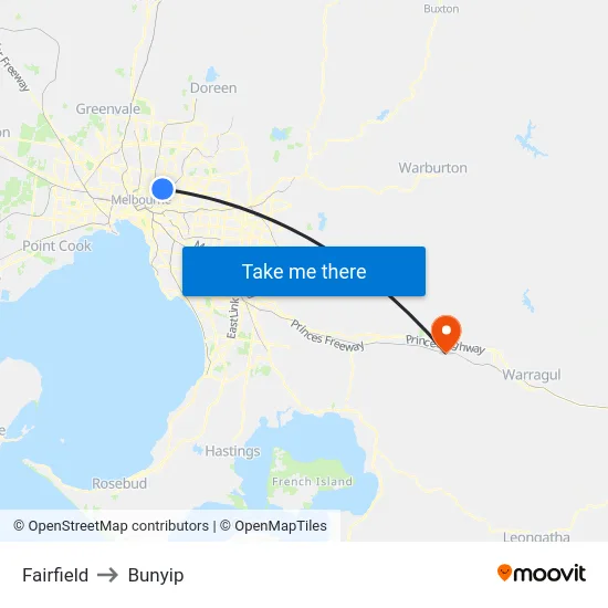 Fairfield to Bunyip map