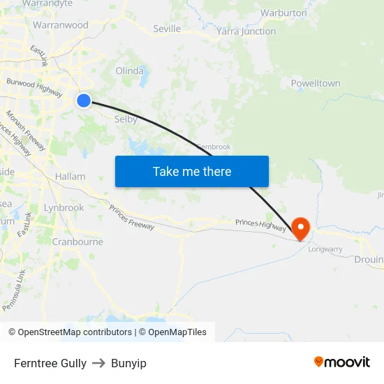 Ferntree Gully to Bunyip map