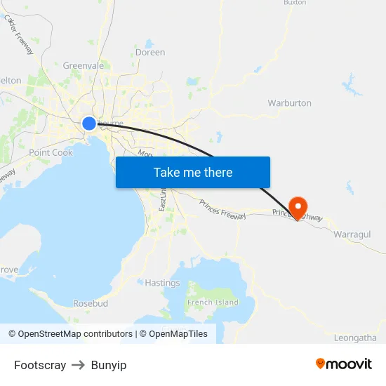 Footscray to Bunyip map