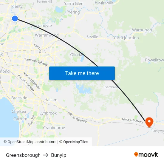 Greensborough to Bunyip map