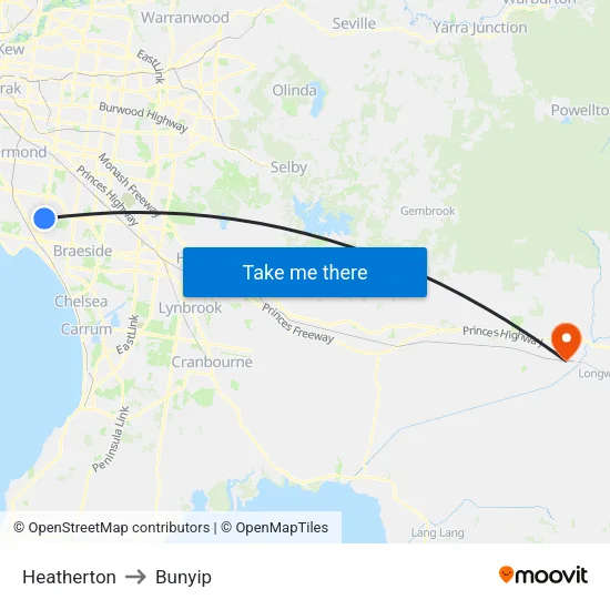 Heatherton to Bunyip map