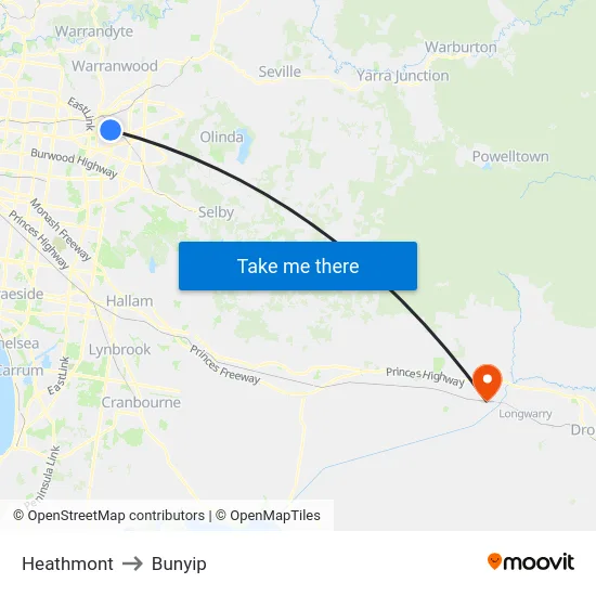 Heathmont to Bunyip map